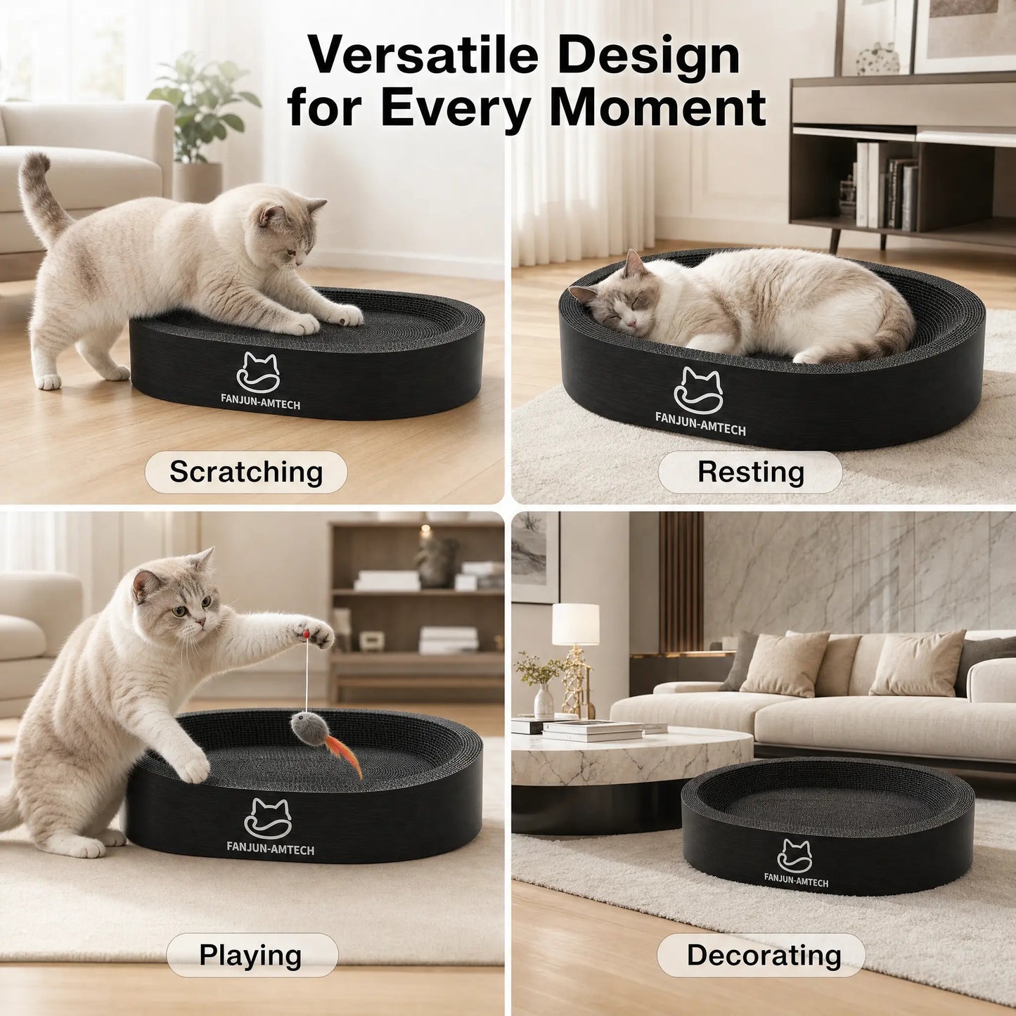 Contemporary Black Oval Cat Scratcher Lounge - Premium Hardened Cardboard Bed and Elegant 2-in-1 Scratching Pad & Nest for Modern Home Decor