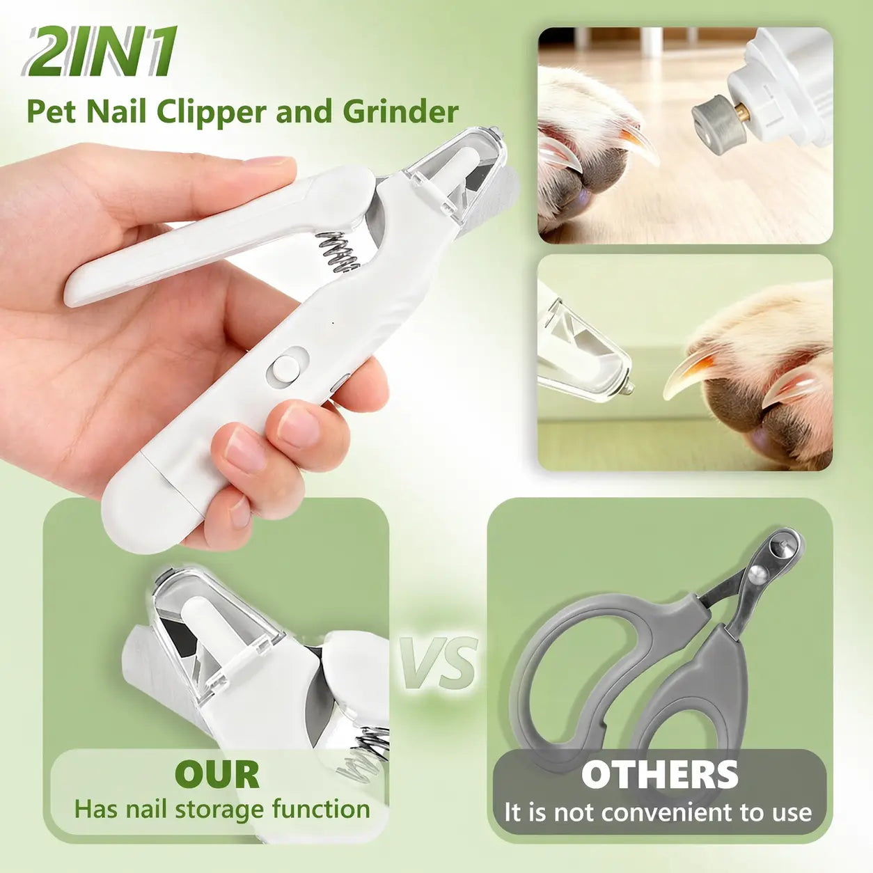 2-in-1 LED Stainless Steel Dog Nail Clipper and Grinder Combo - Safe ABS Universal Pet Grooming Tool with Quiet Low-Vibration, Sharp Blades, USB Rechargeable Paw Trimmer and Polisher for Dogs and Cats Home Use