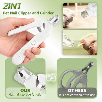 2-in-1 LED Stainless Steel Dog Nail Clipper and Grinder Combo - Safe ABS Universal Pet Grooming Tool with Quiet Low-Vibration, Sharp Blades, USB Rechargeable Paw Trimmer and Polisher for Dogs and Cats Home Use