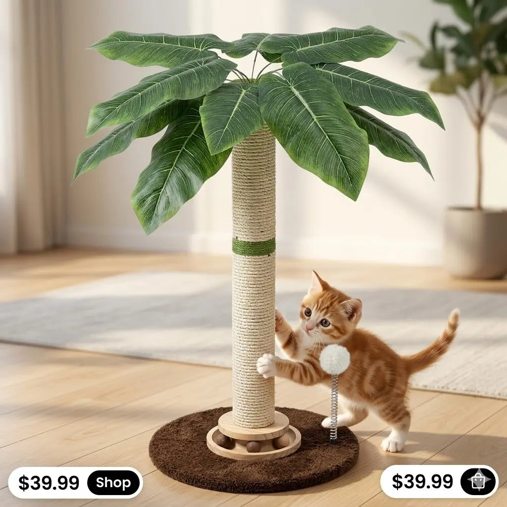 Tropical Leaf Cat Scratching Post - 28" Natural Sisal Rope and Solid Wood Design, Includes Dangling Toy, Safe Indoor Scratcher for Kittens and Adult Cats