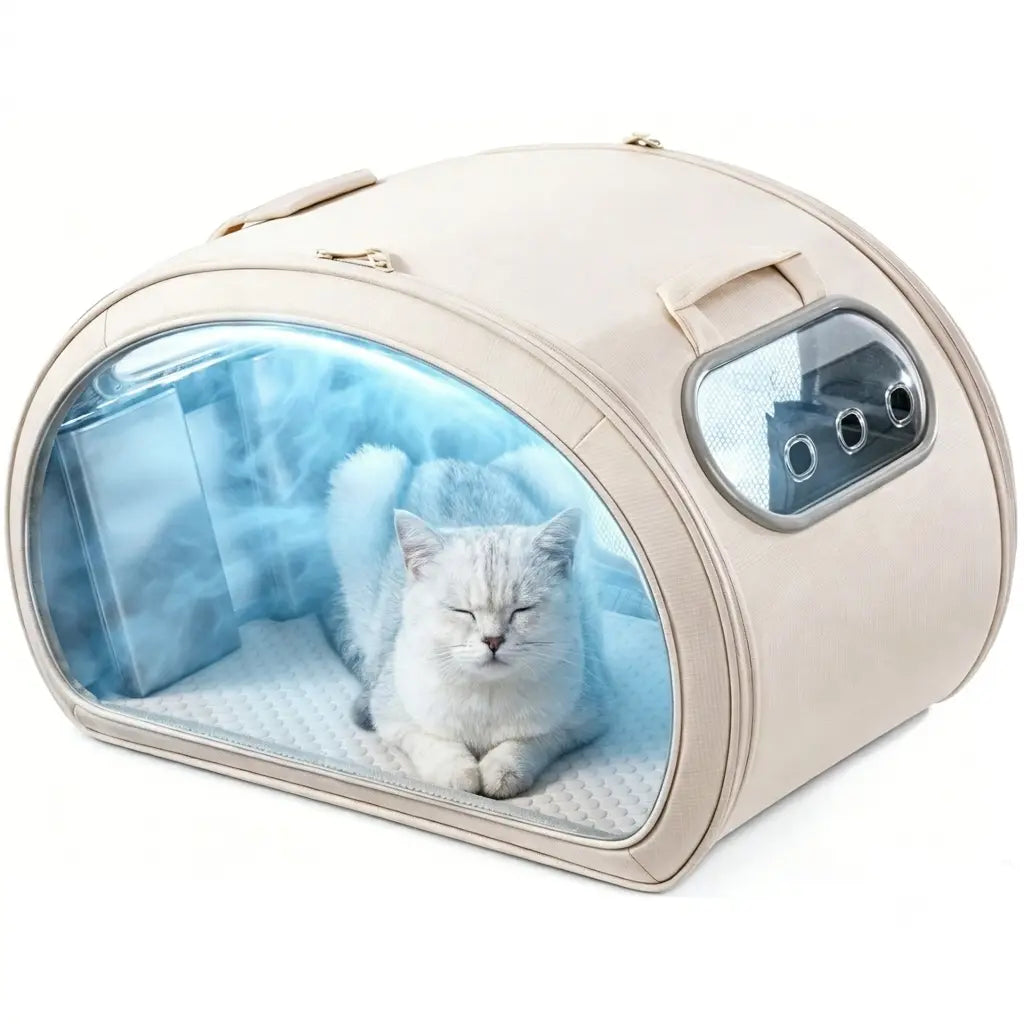Pecute Pet Cooling House - Portable Bubble View Pod with 2 Sizes (25.6"×16.5"×16.5" L, 21.7"×14"×14" M), Detachable Cooling Blanket, Full-View Window, Insulated Wall, Fiberglass Rods, No-Assembly Design, Fold-Flat for Small Dogs/Cats (Indoor, Travel Use),