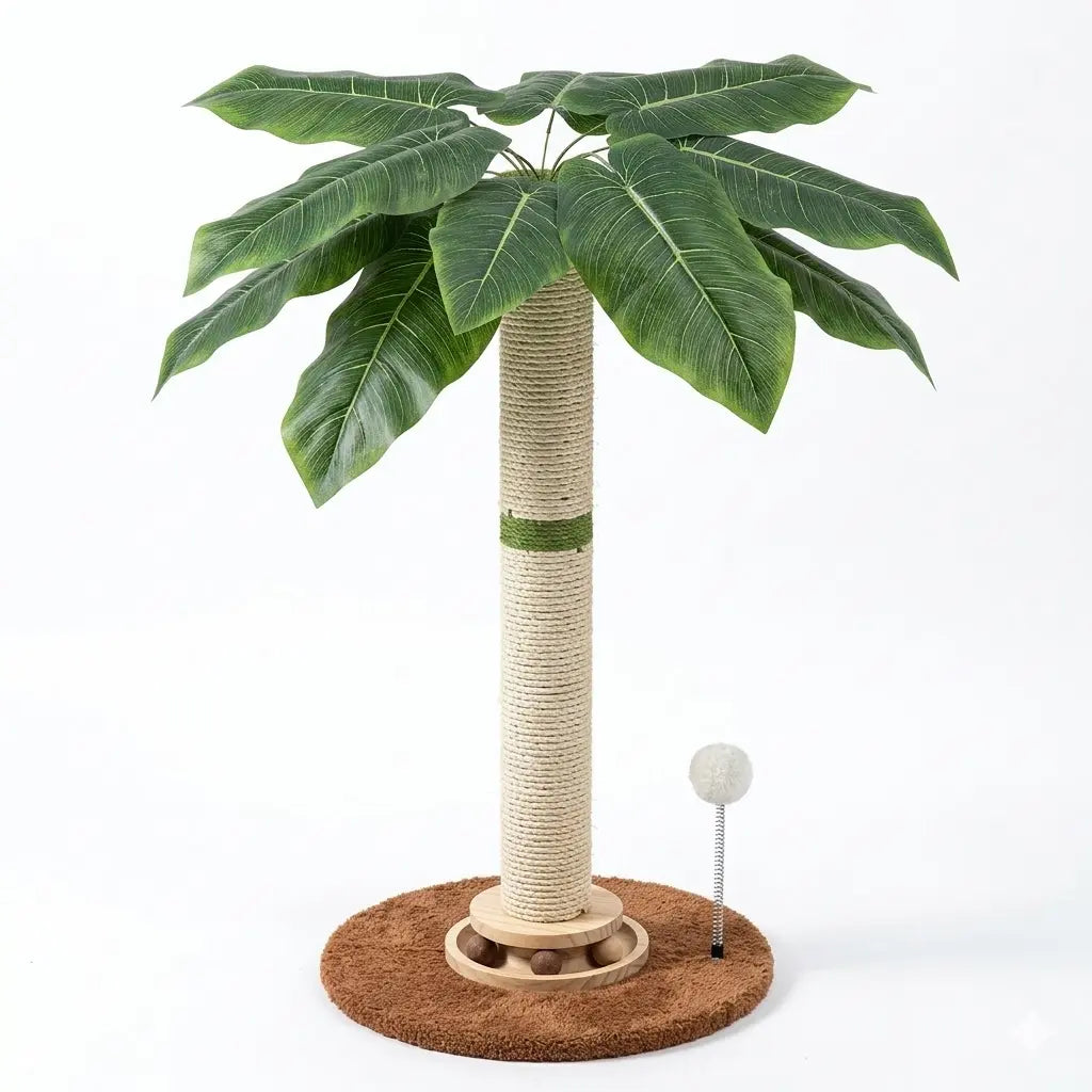 Tropical Leaf Cat Scratching Post - 28" Natural Sisal Rope and Solid Wood Design, Includes Dangling Toy, Safe Indoor Scratcher for Kittens and Adult Cats