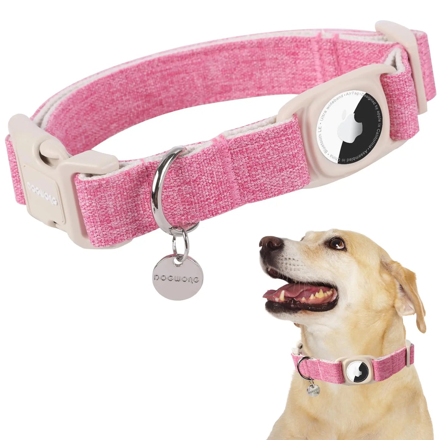 DOGWONG Heavy-Duty Cotton Hemp Dog Collar with Airtag Holder for Small to Large Dogs