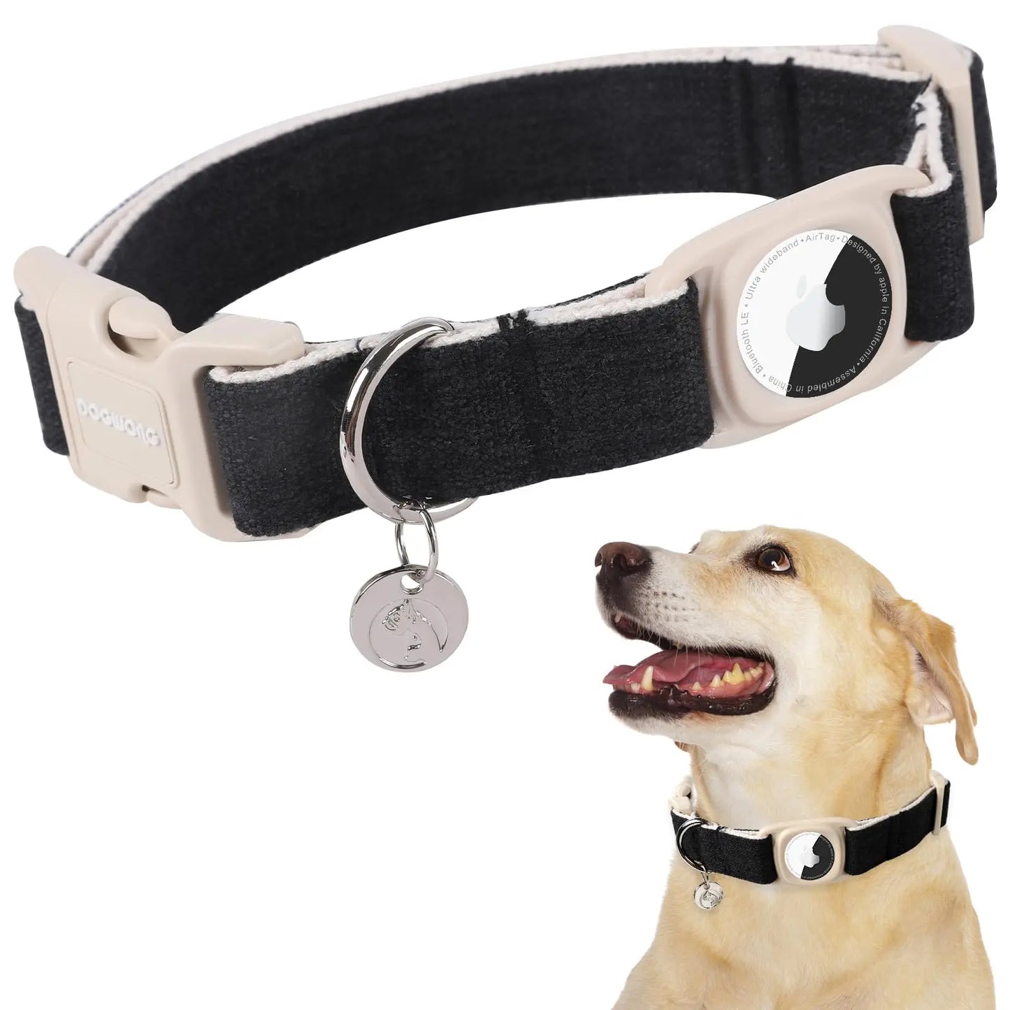 DOGWONG Heavy-Duty Cotton Hemp Dog Collar with Airtag Holder for Small to Large Dogs