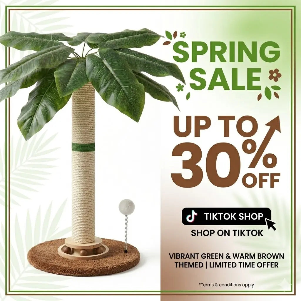 Tropical Leaf Cat Scratching Post - 28" Natural Sisal Rope and Solid Wood Design, Includes Dangling Toy, Safe Indoor Scratcher for Kittens and Adult Cats