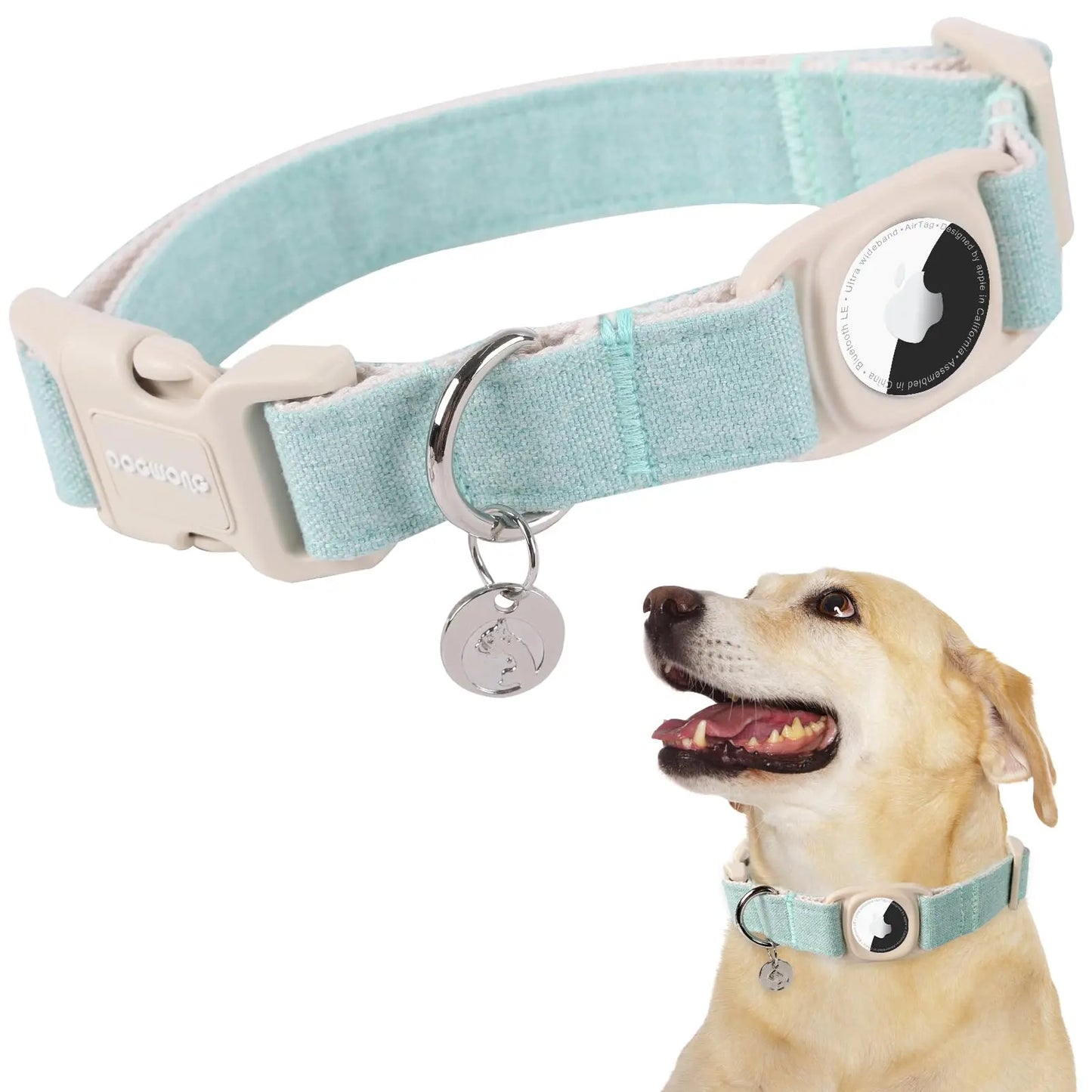 DOGWONG Heavy-Duty Cotton Hemp Dog Collar with Airtag Holder for Small to Large Dogs