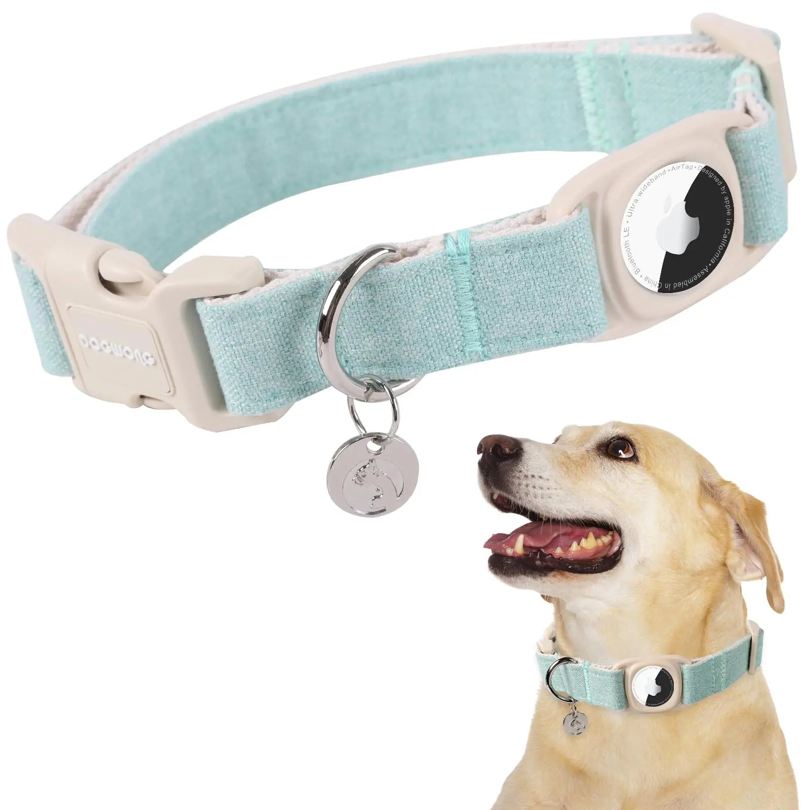 DOGWONG Heavy-Duty Cotton Hemp Dog Collar with Airtag Holder for Small to Large Dogs