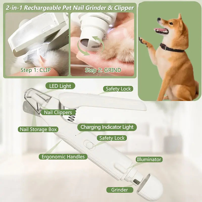 2-in-1 LED Stainless Steel Dog Nail Clipper and Grinder Combo - Safe ABS Universal Pet Grooming Tool with Quiet Low-Vibration, Sharp Blades, USB Rechargeable Paw Trimmer and Polisher for Dogs and Cats Home Use