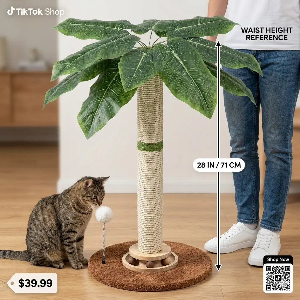 Tropical Leaf Cat Scratching Post - 28" Natural Sisal Rope and Solid Wood Design, Includes Dangling Toy, Safe Indoor Scratcher for Kittens and Adult Cats