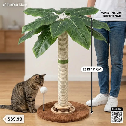 Tropical Leaf Cat Scratching Post - 28" Natural Sisal Rope and Solid Wood Design, Includes Dangling Toy, Safe Indoor Scratcher for Kittens and Adult Cats