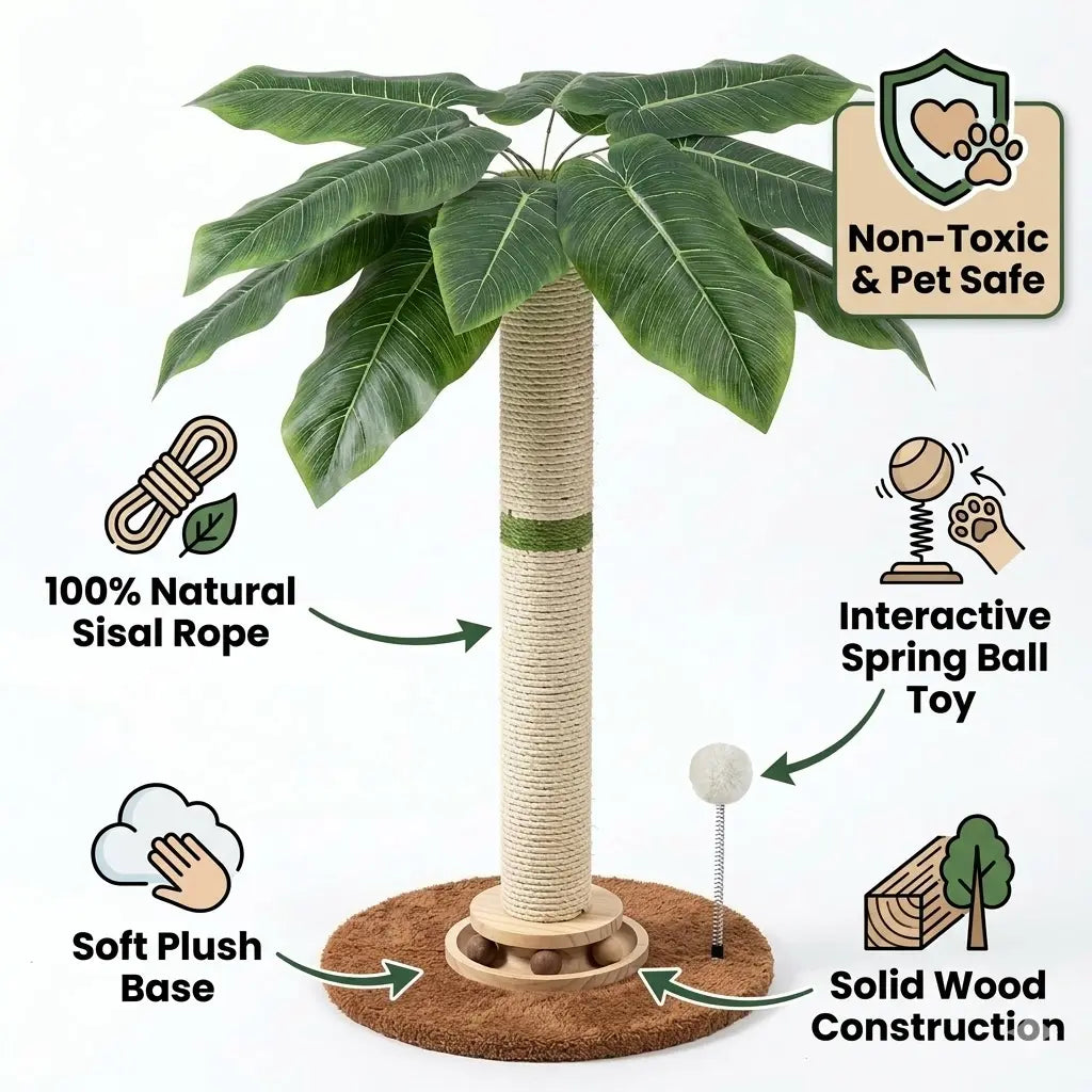 Tropical Leaf Cat Scratching Post - 28" Natural Sisal Rope and Solid Wood Design, Includes Dangling Toy, Safe Indoor Scratcher for Kittens and Adult Cats