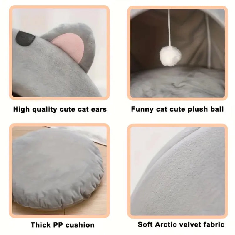 Premium Cozy Cat Cave Bed with Hanging Ball Toy - Semi-Enclosed Kitten House, Washable Inner Pillow, Soft & Breathable Indoor Nest