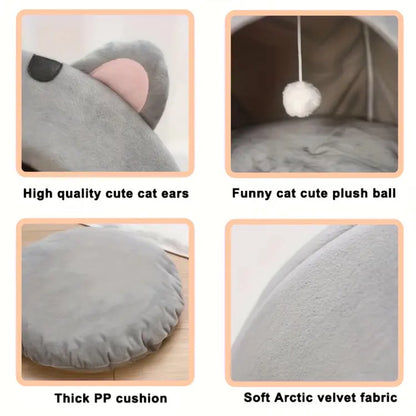 Premium Cozy Cat Cave Bed with Hanging Ball Toy - Semi-Enclosed Kitten House, Washable Inner Pillow, Soft & Breathable Indoor Nest